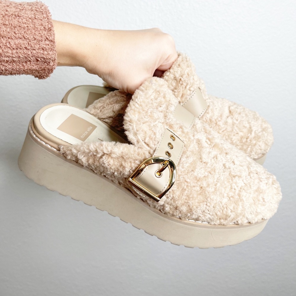 Dolce Vita Womens Tan Faux Shearling‎ Platform Buckle Mules Clogs Size 8
